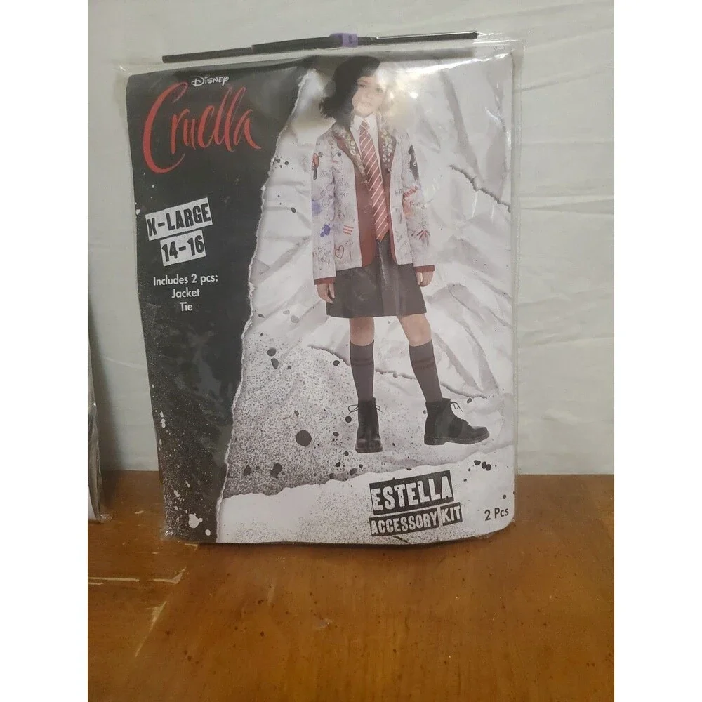 Disney Cruella Estella Girls Halloween Costume Accessory Kit Wig Size 14-16 NEW